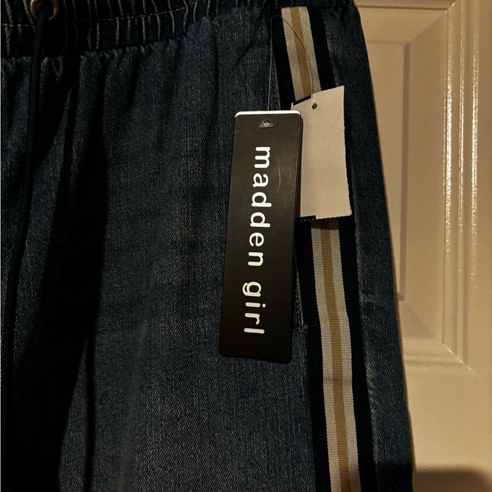 Madden Girl Blue Denim Pants with Striped Accent